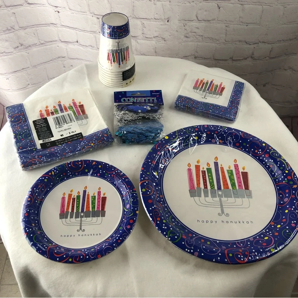 Hanukkah Chanukah Plates Napkins Cups Party Serves 8 “Playful Menorah” NEW